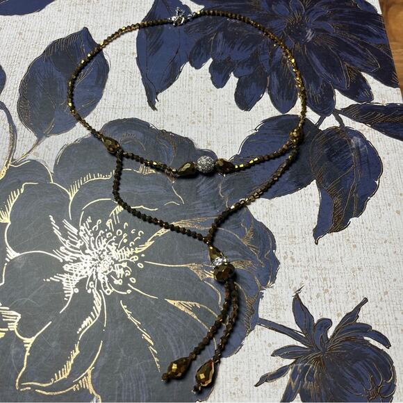 Estate Y2K Brown Faceted AB and Rhinestone Beaded Double Layer Drop Necklace D2 - Picture 6 of 14